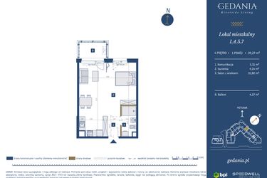 Rzut - Mieszkanie na sprzedaż 1 pokój o powierzchni 39,27 m² - numer I.A.5.7 w GEDANIA Riverside Living