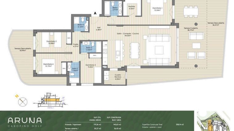 Rzut - Mieszkanie na sprzedaż 4 pokoje o powierzchni 210 m² - numer P1-P1-A w Aruna