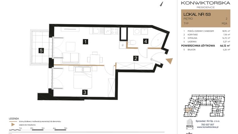 Rzut - Mieszkanie na sprzedaż 2 pokoje o powierzchni 45,89 m² - numer 53 w Konwiktorska Residence
