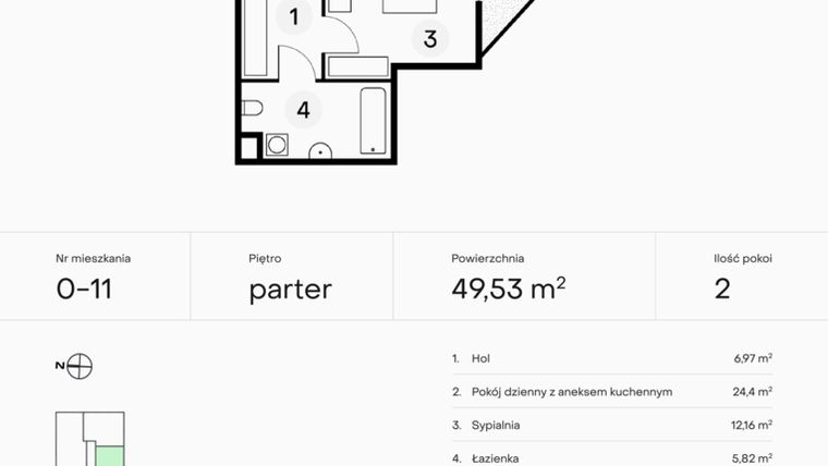 Rzut - Mieszkanie na sprzedaż 2 pokoje o powierzchni 49,53 m² - numer 0-11 w Pączka 1