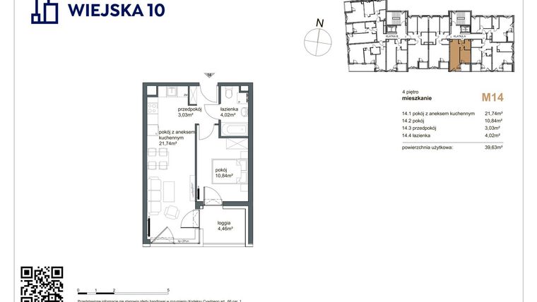 Rzut - Mieszkanie na sprzedaż 2 pokoje o powierzchni 39,63 m² - numer 14 w Wiejska 10