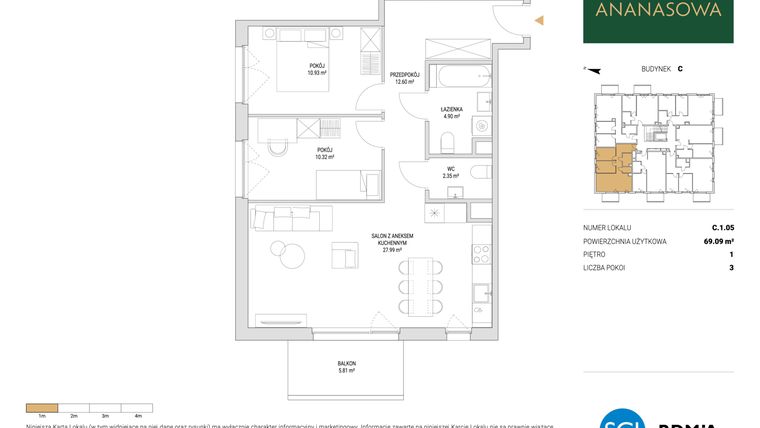 Rzut - Mieszkanie na sprzedaż 3 pokoje o powierzchni 69,09 m² - numer C.1.05 w Ananasowa