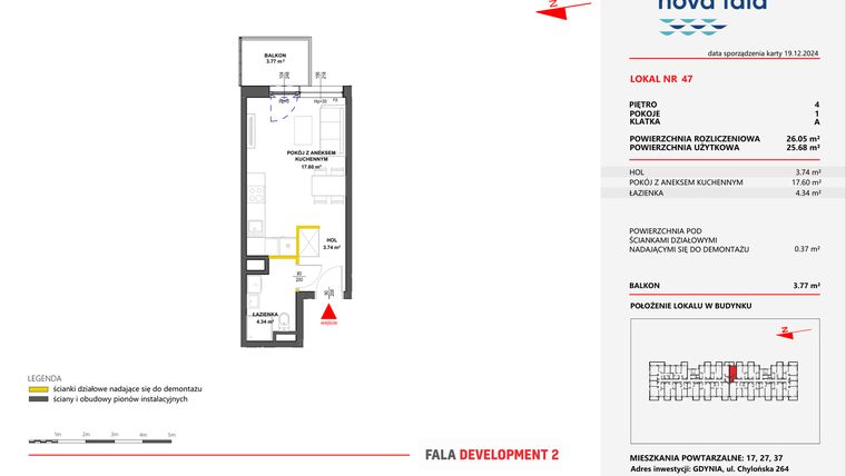 Rzut - Mieszkanie na sprzedaż 1 pokój o powierzchni 26,05 m² - numer 47 w Miasteczko Nova Fala
