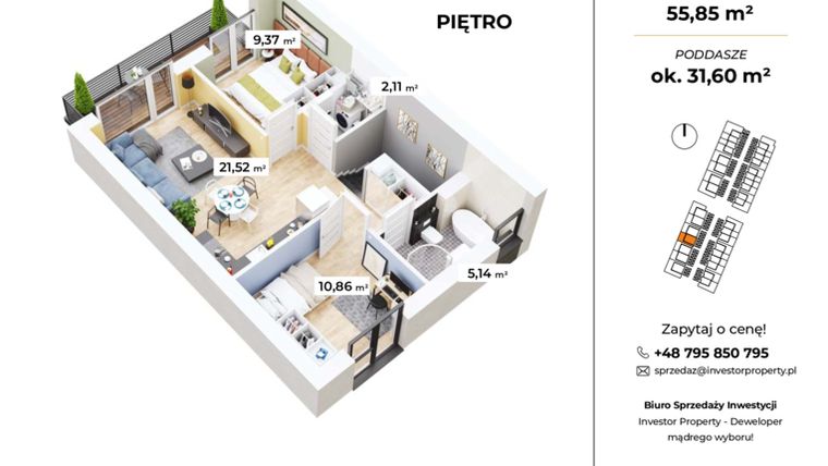 Rzut - Mieszkanie na sprzedaż 3 pokoje o powierzchni 55,39 m² - numer C-8 w Osiedle Lędziny