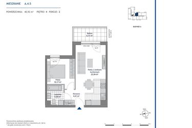 Rzut - Mieszkanie na sprzedaż 2 pokoje o powierzchni 40,92 m² - numer A.4.5 w Linea bud. A