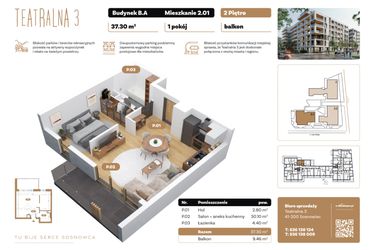 Rzut - Mieszkanie na sprzedaż 1 pokój o powierzchni 37,3 m² - numer B2.A.01 w Teatralna 3