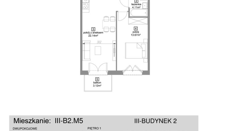 Rzut - Mieszkanie na sprzedaż 2 pokoje o powierzchni 44,83 m² - numer III-B2.M5 w Strefa Cegielnia 3