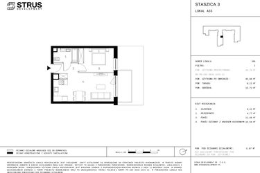 Rzut - Mieszkanie na sprzedaż 2 pokoje o powierzchni 40,86 m² - numer 1.A33 w Staszica 3
