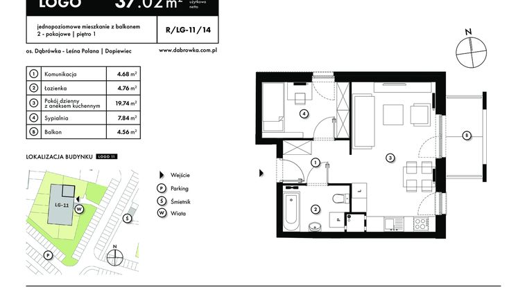 Rzut - Mieszkanie na sprzedaż 2 pokoje o powierzchni 37,02 m² - numer R-LG-11-14 w os. Dąbrówka – Leśna Polana