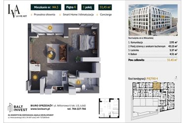 Rzut - Mieszkanie na sprzedaż 1 pokój o powierzchni 51,45 m² - numer M4.3 w La Vie Art