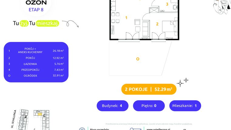 Rzut - Mieszkanie na sprzedaż 2 pokoje o powierzchni 52,29 m² - numer 4.1 w Osiedle Ozon etap VIII