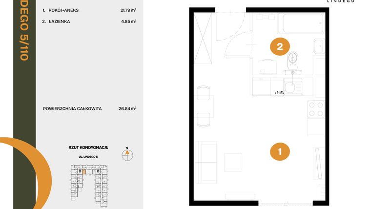 Rzut - Mieszkanie na sprzedaż 1 pokój o powierzchni 26,64 m² - numer 110 w CLOU LINDEGO