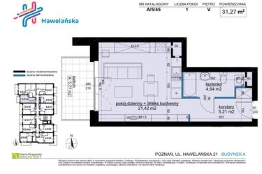 Rzut - Mieszkanie na sprzedaż 1 pokój o powierzchni 31,27 m² - numer A/5/45 w Osiedle Hawelańska etap III - bud. A