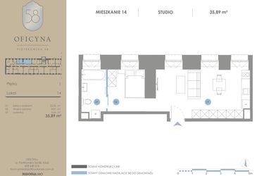 Rzut - Mieszkanie na sprzedaż 1 pokój o powierzchni 35,89 m² - numer 14 w Oficyna - Apartamenty Inwestycyjne Apart Hotel
