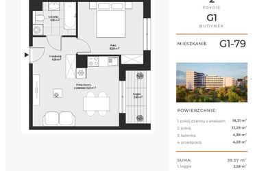 Rzut - Mieszkanie na sprzedaż 2 pokoje o powierzchni 39,57 m² - numer G1-79 w Piasta Park VI