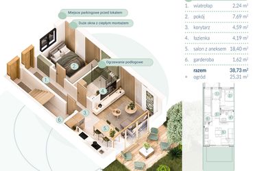 Rzut - Mieszkanie na sprzedaż 2 pokoje o powierzchni 38,73 m² - numer B.4.1 w Enklawa