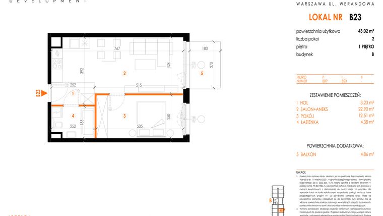 Rzut - Mieszkanie na sprzedaż 2 pokoje o powierzchni 43,02 m² - numer B23 w Werandowa