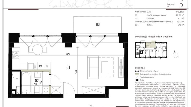 Rzut - Mieszkanie na sprzedaż 1 pokój o powierzchni 31,77 m² - numer D.3.2 w Nowa Stawowa