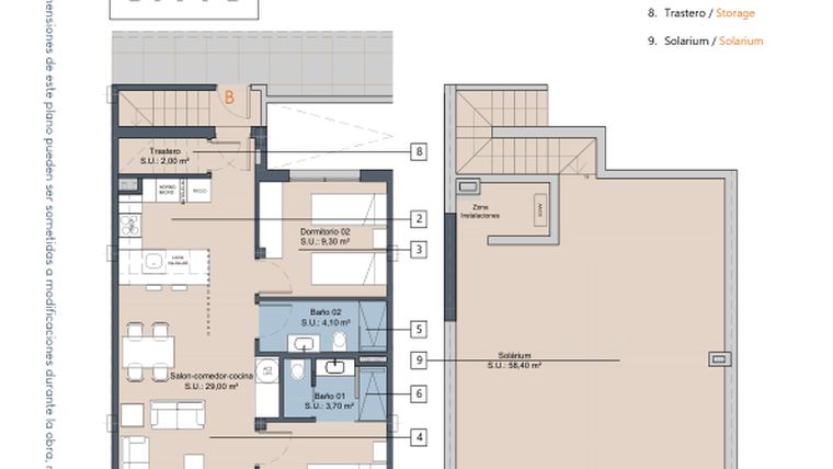 Rzut - Mieszkanie na sprzedaż 2 pokoje o powierzchni 65,6 m² - numer 1.1.B w LA Sunrise - Los Alcázares