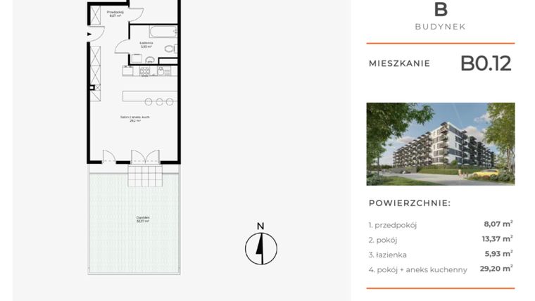 Rzut - Mieszkanie na sprzedaż 2 pokoje o powierzchni 56,57 m² - numer B0.12 w Enklawa Bukowa II