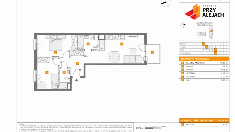 Rzut - Mieszkanie na sprzedaż 3 pokoje o powierzchni 60,64 m² - numer B47 w Osiedle Przy Alejach etap 2