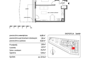 Rzut - Mieszkanie na sprzedaż 2 pokoje o powierzchni 46,88 m² - numer 2.1.8. w Dywizjonu 303