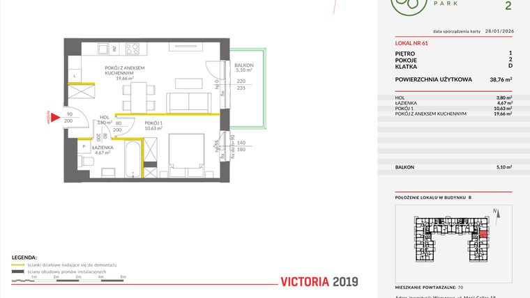 Rzut - Mieszkanie na sprzedaż 2 pokoje o powierzchni 38,78 m² - numer B.61 w Olchowy Park II