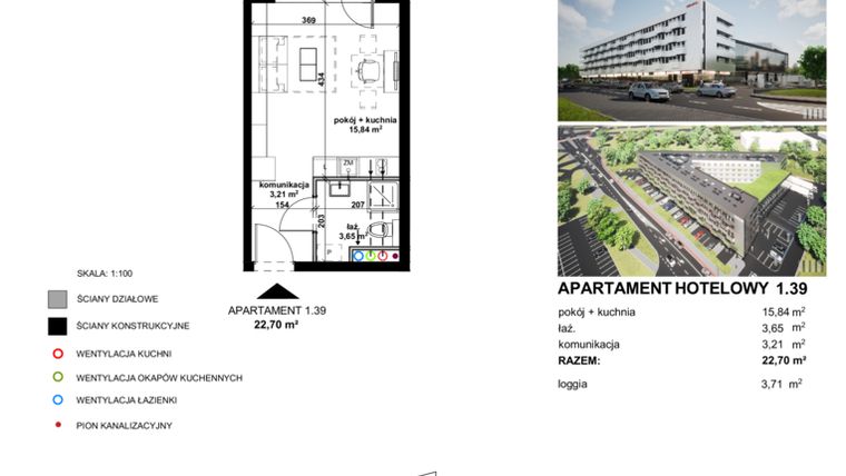 Rzut - Mieszkanie na sprzedaż 1 pokój o powierzchni 22,62 m² - numer 1.39 w Apartamentowiec Zwycięska 3 - inwestycyjne