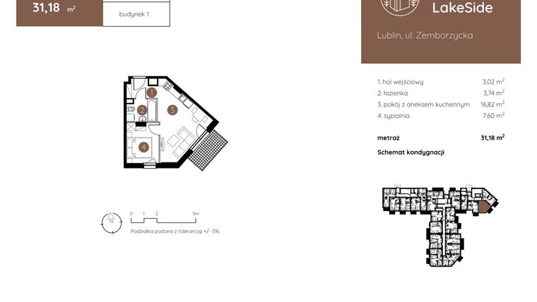 Rzut - Mieszkanie na sprzedaż 2 pokoje o powierzchni 31,18 m² - numer 1.A.0.02 w Murapol LakeSide