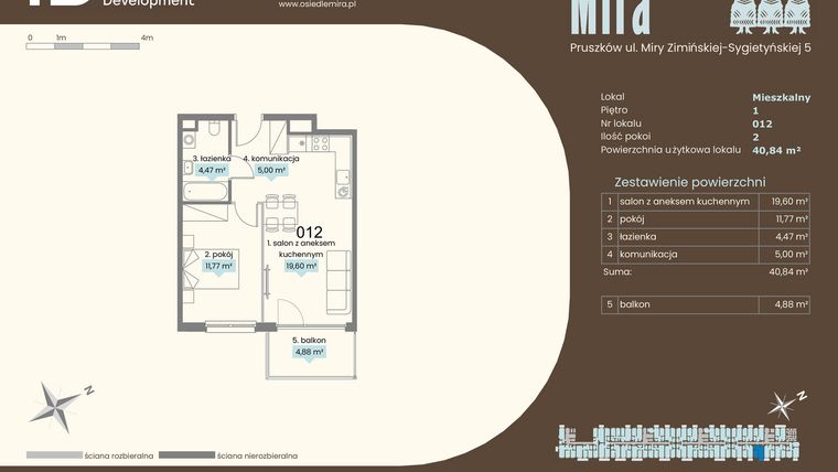Rzut - Mieszkanie na sprzedaż 2 pokoje o powierzchni 40,84 m² - numer A.012 w Mira