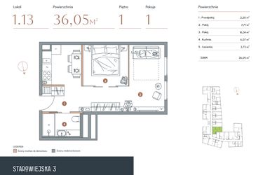 Rzut - Mieszkanie na sprzedaż 1 pokój o powierzchni 36,05 m² - numer 1.13 w Starowiejska 3