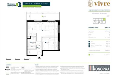 Rzut - Mieszkanie na sprzedaż 2 pokoje o powierzchni 44,33 m² - numer AA0111 w Vivre