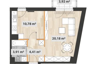 Rzut - Mieszkanie na sprzedaż 1 pokój o powierzchni 40,4 m² - numer A.03.02 w Na Okrzei