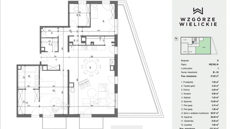 Rzut - Mieszkanie na sprzedaż 1 pokój o powierzchni 134,42 m² - numer M-D25 w Wzgórze Wielickie