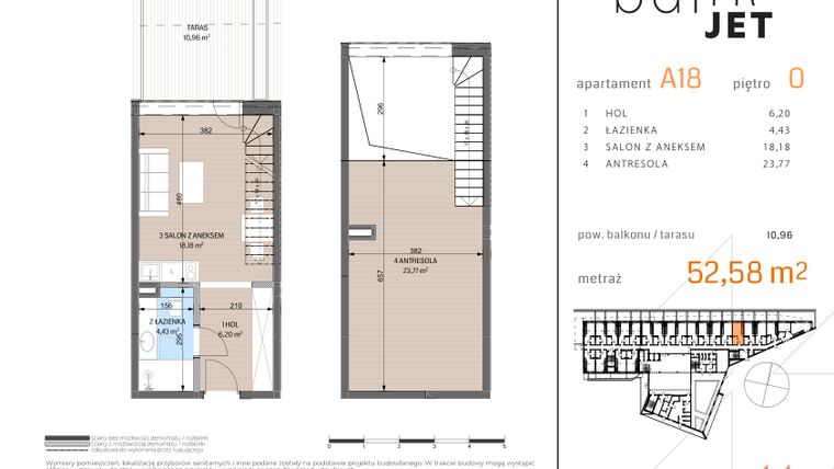Rzut - Mieszkanie na sprzedaż 2 pokoje o powierzchni 52,58 m² - numer A18 w Baltic Jet