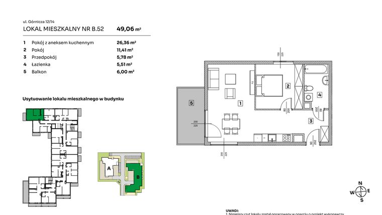 Rzut - Mieszkanie na sprzedaż 2 pokoje o powierzchni 49,06 m² - numer B.52 w Parkove Love