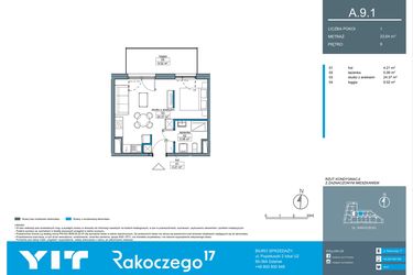Rzut - Mieszkanie na sprzedaż 1 pokój o powierzchni 33,61 m² - numer A.9.1 w Rakoczego 17