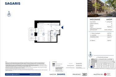 Rzut - Mieszkanie na sprzedaż 1 pokój o powierzchni 26,26 m² - numer AA0209 w Niedziałkowskiego Park