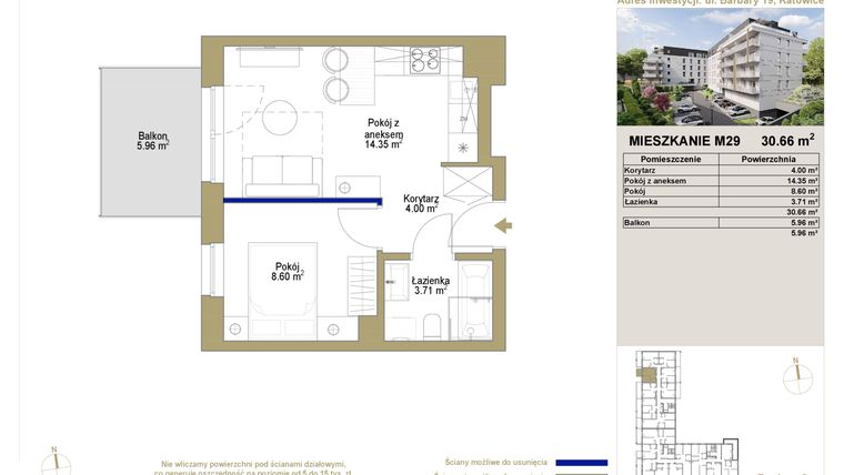 Rzut - Mieszkanie na sprzedaż 2 pokoje o powierzchni 30,66 m² - numer 29 w Barbary 19
