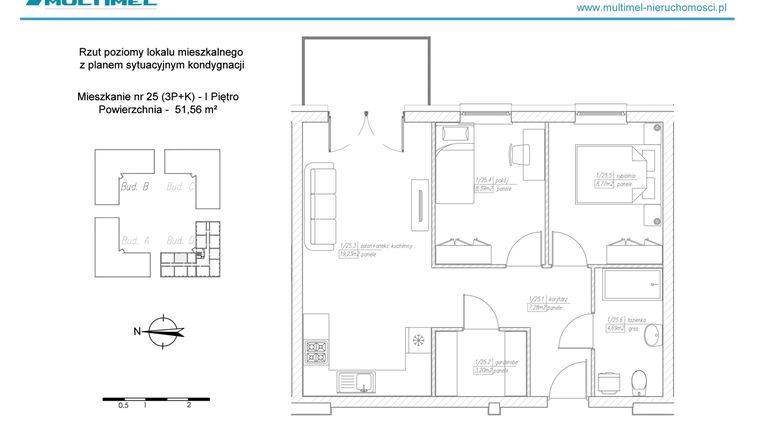Rzut - Mieszkanie na sprzedaż 3 pokoje o powierzchni 51,56 m² - numer 25D w Dominów Rynek