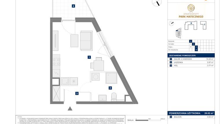 Rzut - Mieszkanie na sprzedaż 1 pokój o powierzchni 29,02 m² - numer A16 w Apartamenty Park Matecznego Etap 1