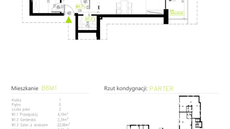 Rzut - Mieszkanie na sprzedaż 2 pokoje o powierzchni 42,11 m² - numer B6M1 w Osiedle Natura Park etap II