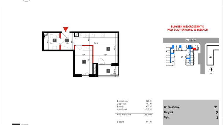 Rzut - Mieszkanie na sprzedaż 2 pokoje o powierzchni 35,2 m² - numer D.31 w Skrajna 9 bud. D