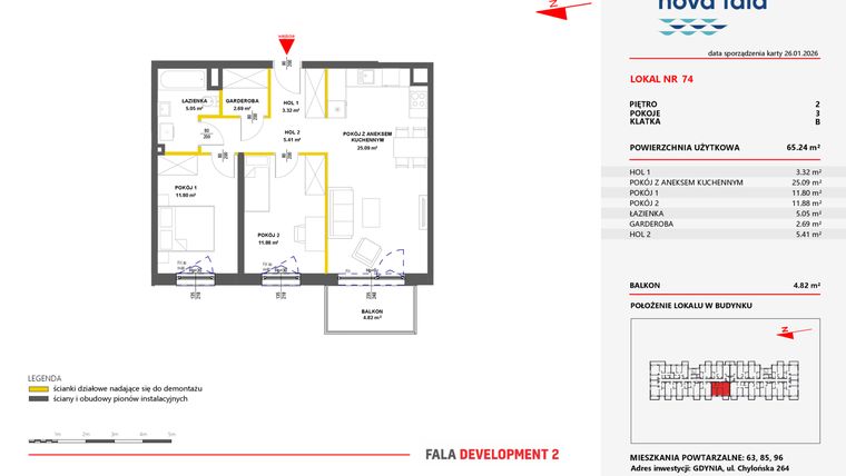 Rzut - Mieszkanie na sprzedaż 3 pokoje o powierzchni 65,39 m² - numer 74 w Miasteczko Nova Fala