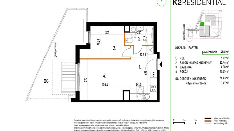 Rzut - Mieszkanie na sprzedaż 2 pokoje o powierzchni 41,81 m² - numer 10 w Kowalskiego 37