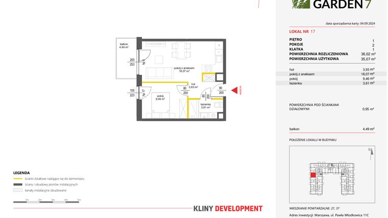Rzut - Mieszkanie na sprzedaż 2 pokoje o powierzchni 35,07 m² - numer 17 w Nova Viva Garden 7