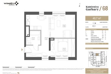 Rzut - Mieszkanie na sprzedaż 2 pokoje o powierzchni 49,7 m² - numer 38 w Garbary 68