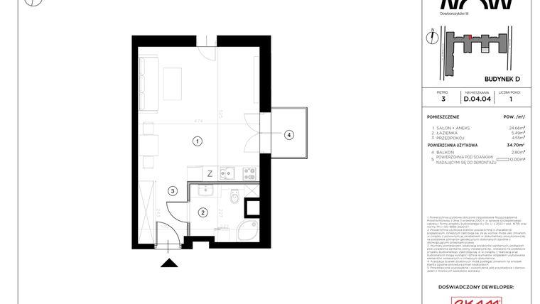 Rzut - Mieszkanie na sprzedaż 1 pokój o powierzchni 34,7 m² - numer D.04.04 w NOW