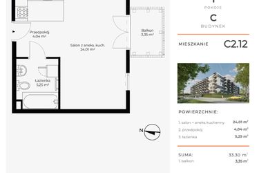 Rzut - Mieszkanie na sprzedaż 1 pokój o powierzchni 33,3 m² - numer C2.12 w Enklawa Bukowa II