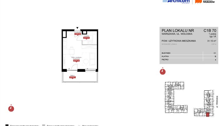 Rzut - Mieszkanie na sprzedaż 1 pokój o powierzchni 31,15 m² - numer C1B 70 w Modern Mokotów etap 3, budynek C1 i C2